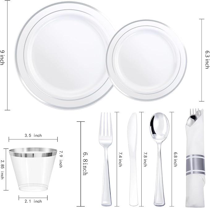 350PCS Silver Disposable Dinnerware Set for 50 Guests with Plates, Napkins & Cutlery