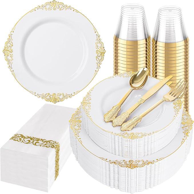 White and Gold Disposable Dinnerware Set: 25 Guest Party Supplies