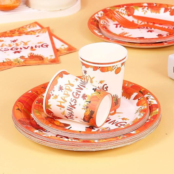 Thanksgiving Party Set for 24 Kids with Pumpkin Plates, Maple Leaf Napkins & Disposable Tableware