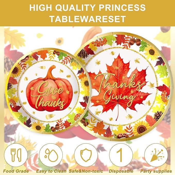 123PCS Kids Thanksgiving Pumpkin Party Set with Plates, Napkins, Cups & Banner