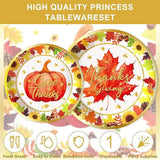 123PCS Kids Thanksgiving Pumpkin Party Set with Plates, Napkins, Cups & Banner