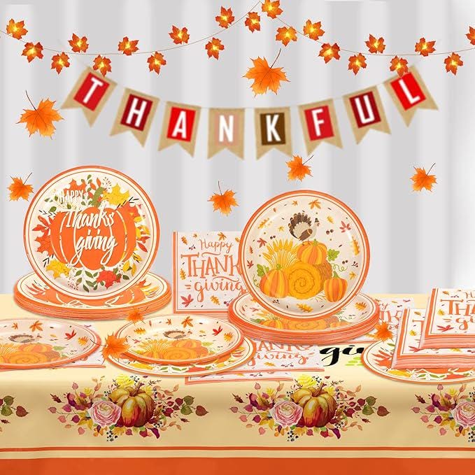 73PCS Thanksgiving Party Set with Pumpkin, Turkey & Maple Plates, Napkins and Tablecloth