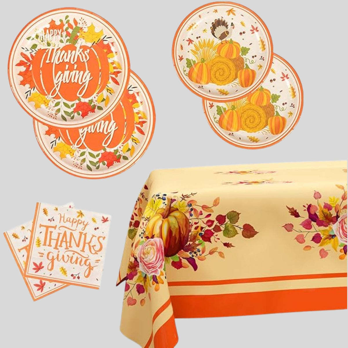73PCS Thanksgiving Party Set with Pumpkin, Turkey & Maple Plates, Napkins and Tablecloth