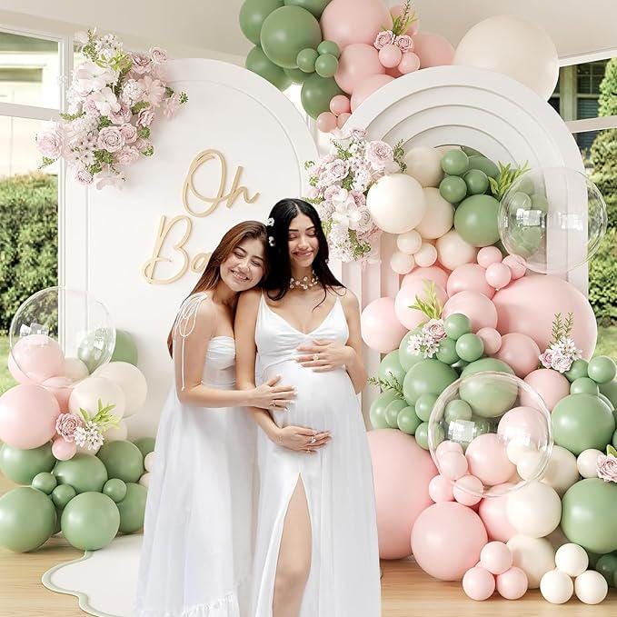 Sage Green Pink Balloon Arch Kit 124pcs Pastel Peach White for Baby Shower Party