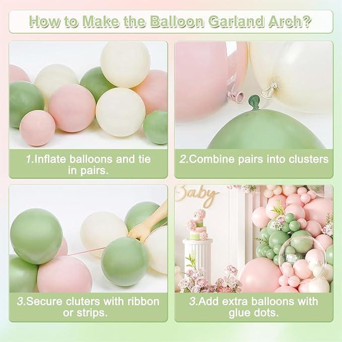 Sage Green Pink Balloon Arch Kit 124pcs Pastel Peach White for Baby Shower Party