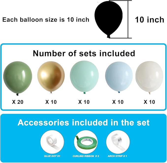 Matte Sage Green Blue Gold Balloons 60pcs 10inch for Baby Shower Wedding Party