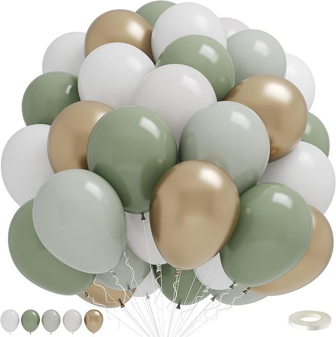 Dusty Green White Gold Balloons 50pcs Sage Olive Champagne for Wedding Baby Shower Party
