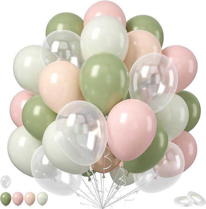 Pink and Sage Green Balloons 50pcs 12inch Olive White Ivory for Baby Shower Party