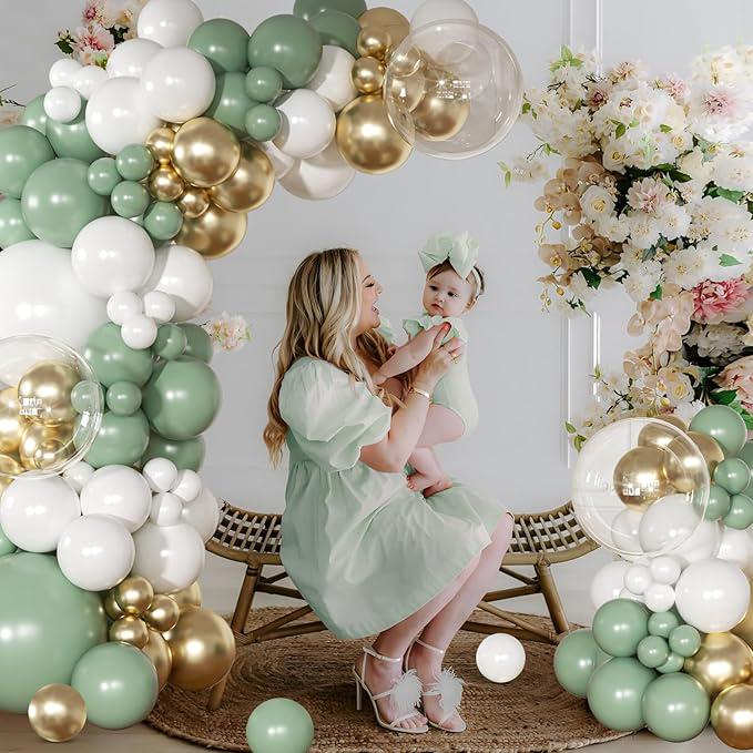 Sage Green Balloon Arch Kit 126pcs White Gold Neutral for Baby Shower Wedding Party