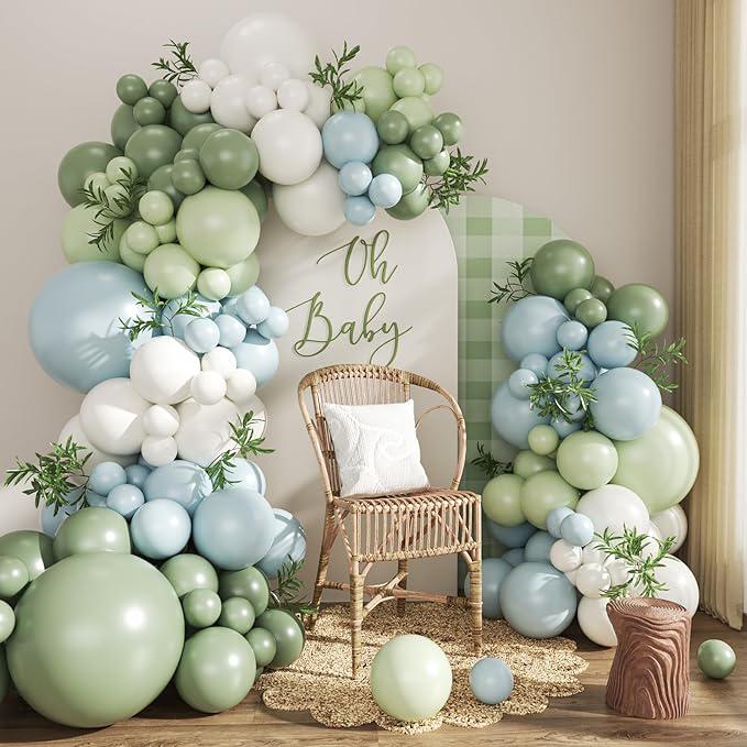 Sage Green Blue Balloon Arch Kit 124pcs Pastel Yellow White for Baby Shower Party