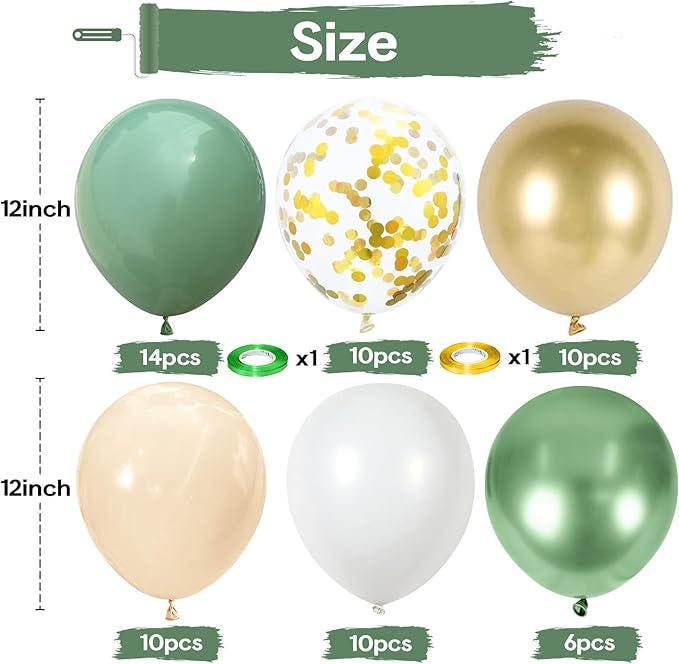 Sage Green Gold Balloons 60pcs 12inch Metallic Olive White for Jungle Safari Party