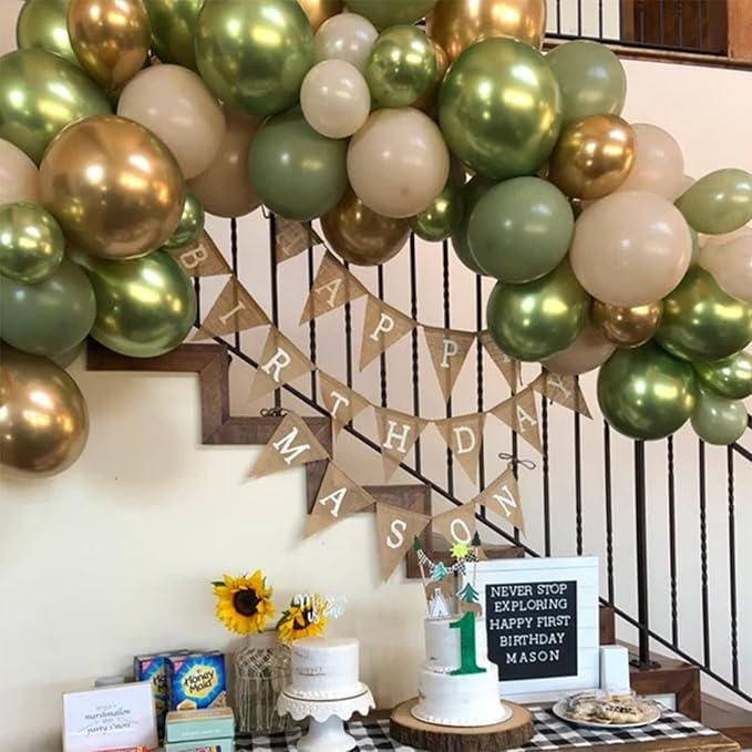 Sage Green Gold Balloons 60pcs 12inch Metallic Olive White for Jungle Safari Party
