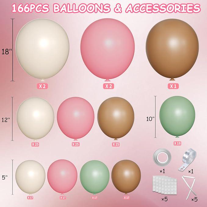Blush Balloon Arch Kit: Pink, Green, Brown, White - 166 Pcs