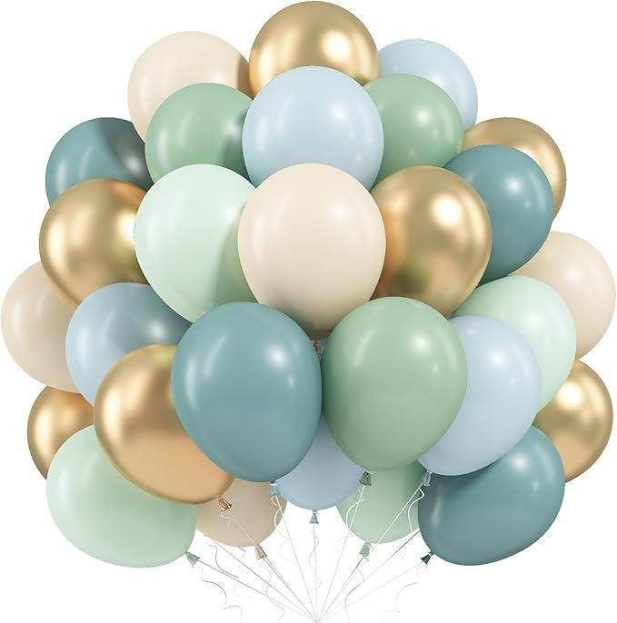 Sage Green Blue Balloons 60pcs 12inch Dusty White Gold for Baby Shower Party