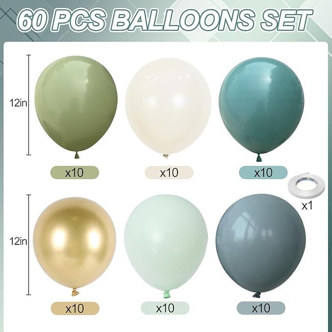 Sage Green Blue Balloons 60pcs 12inch Dusty White Gold for Baby Shower Party