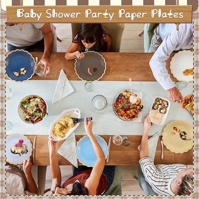 Blue Brown Gradient Scalloped Paper Plates 48 Pcs for Birthday Wedding Party