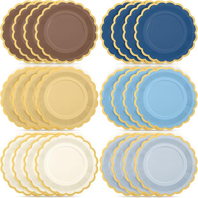 Blue Brown Gradient Scalloped Paper Plates 48 Pcs for Birthday Wedding Party