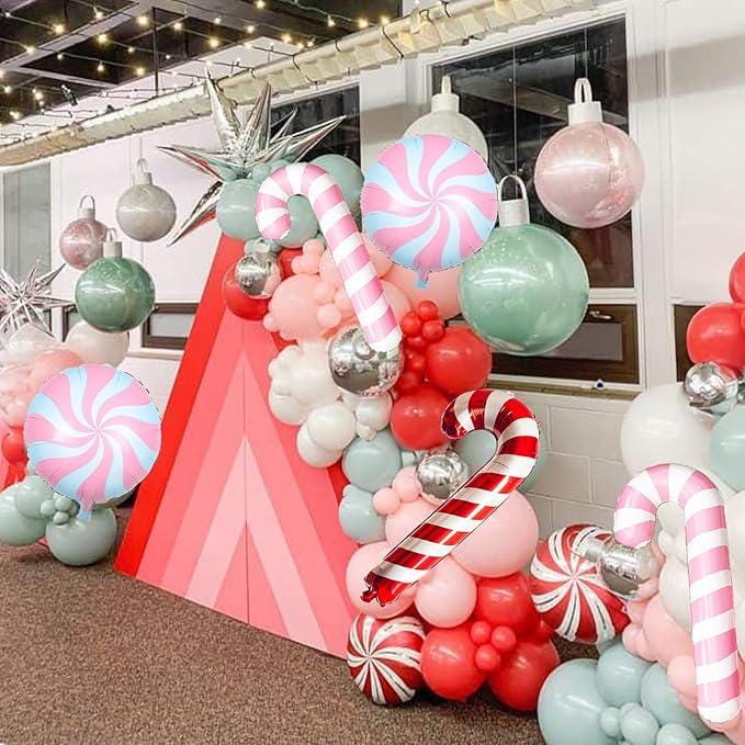 Pastel Pink Christmas Balloon Arch Kit with Candy Cane Balloons for Xmas Party Decor