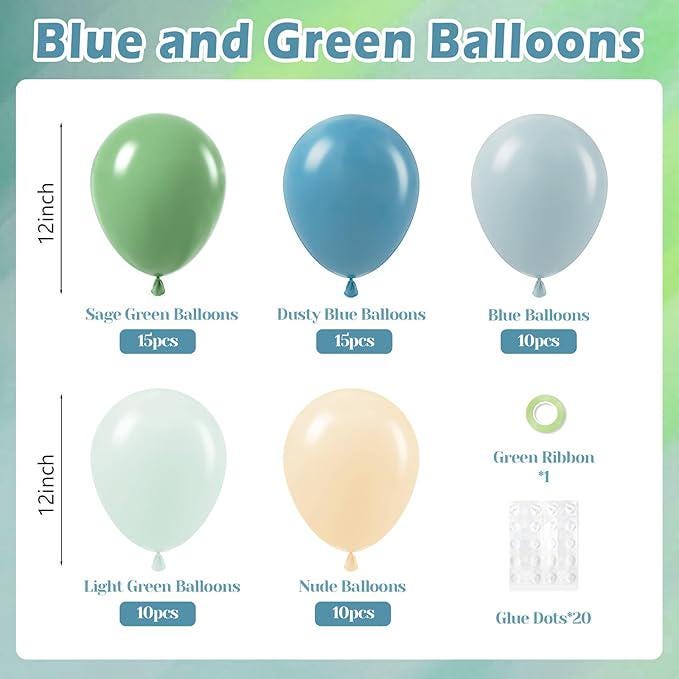 Blue and Green Balloon Set 60 Pcs for Baby Shower Bridal and Birthday Decor