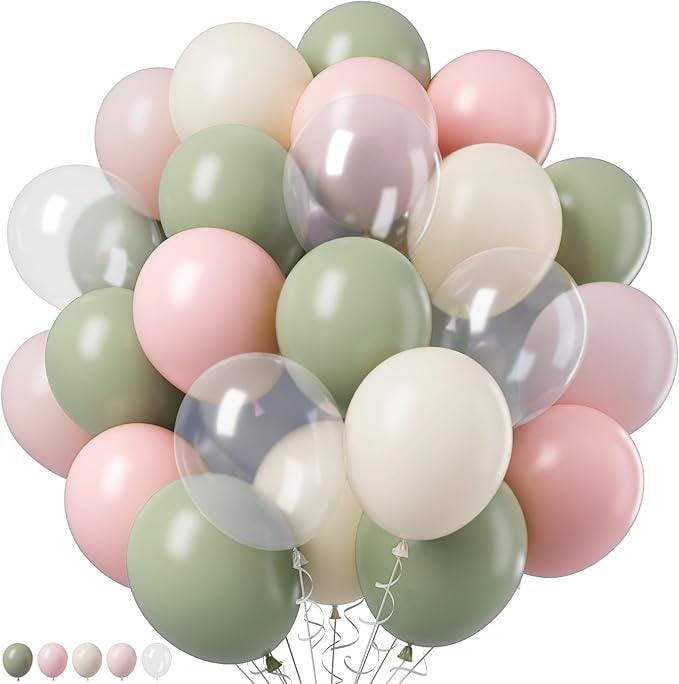 Retro Pink and Sage Green Balloon Set for Baby Shower Wedding and Party Decor