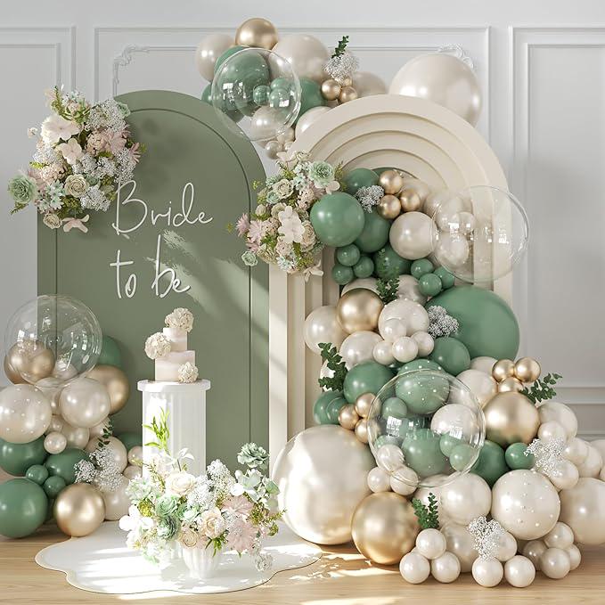 Sage Green Balloon Arch Kit: Pearl, Gold & Clear Balloons