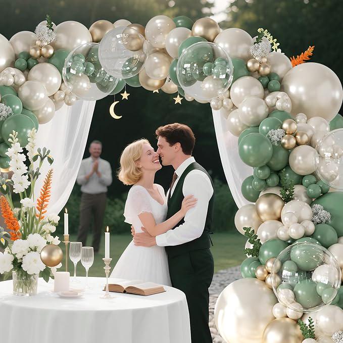 Sage Green Balloon Arch Kit: Pearl, Gold & Clear Balloons
