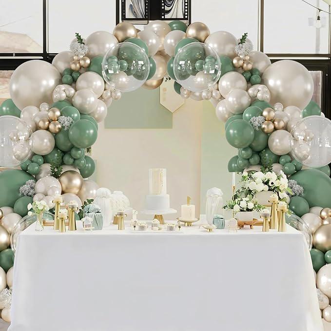 Sage Green Balloon Arch Kit: Pearl, Gold & Clear Balloons