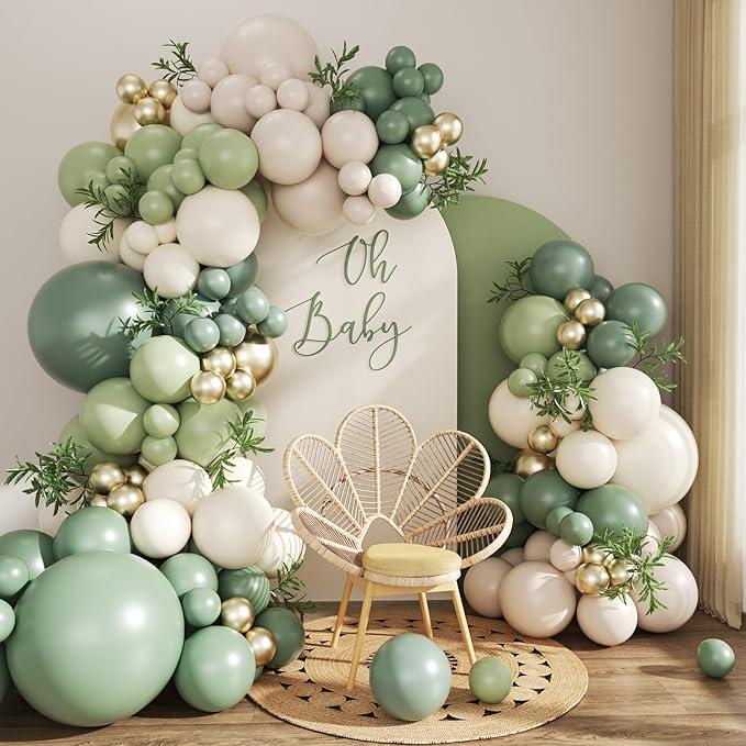 Sage Green Balloon Arch Kit: Gold & White Party Decor (132 Pcs)