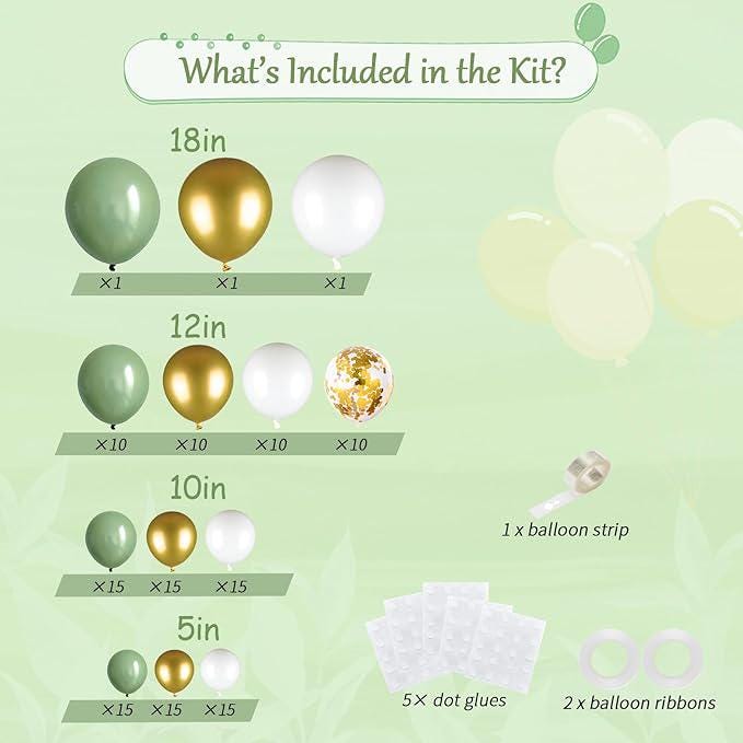 Sage Green & Gold Balloon Arch Kit: 133 Pcs Wedding, Baby Shower Decor