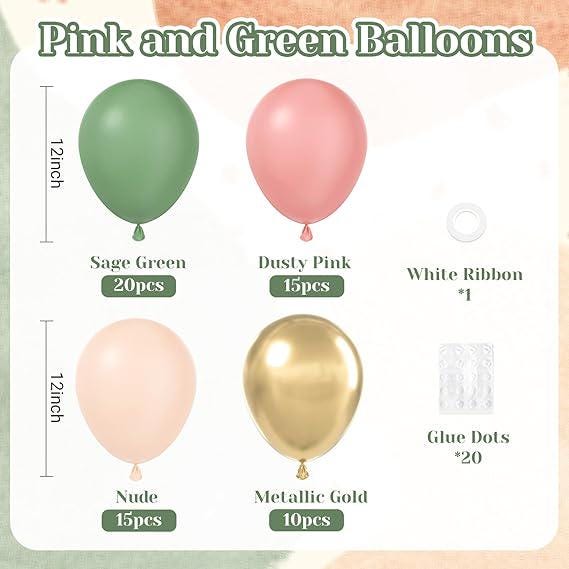 Pink and Green Balloon Set 60 Pcs for Baby Shower Birthday and Party Decor