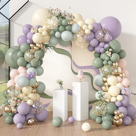 Pastel Balloon Arch Kit: Dusty Green, Purple & Gold, 173 Pcs