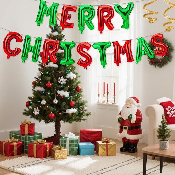 Merry Christmas Letter Foil Balloon Banner for Holiday Party and Home Decorations