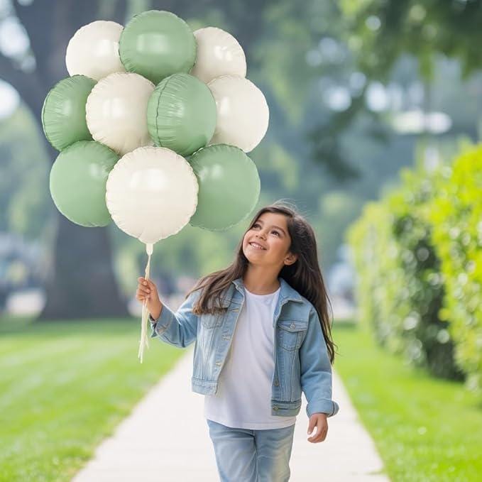 20pcs Sage Green Cream White 18" Round Foil Balloons for Party Decorations