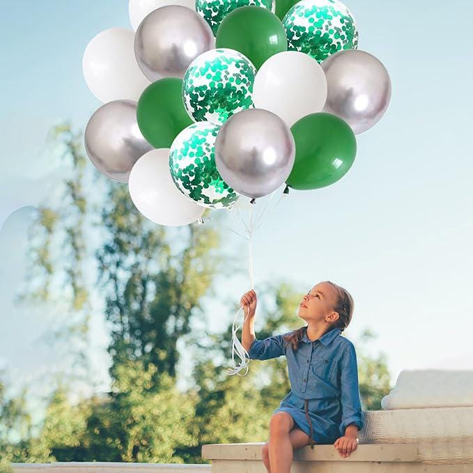 60pcs Green White Silver Confetti 12" Balloons for Kids Birthday Party Decor