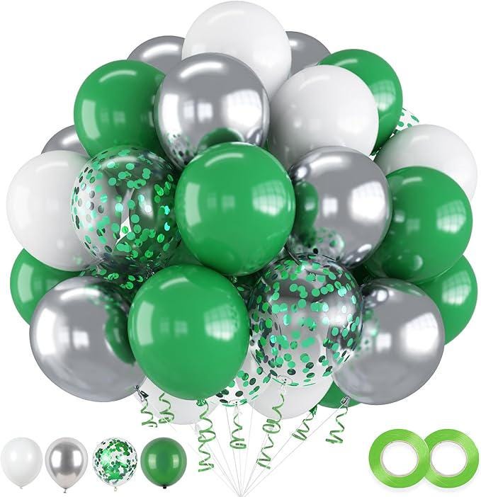 60pcs Green White Silver Confetti 12" Balloons for Kids Birthday Party Decor