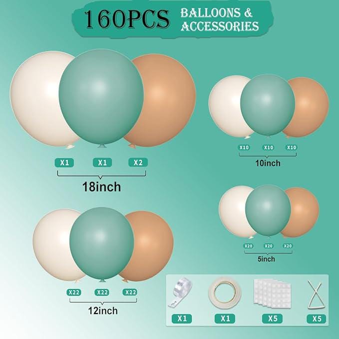 160pcs Green White Brown Balloon Garland Kit for Birthday, Baby Shower, Wedding