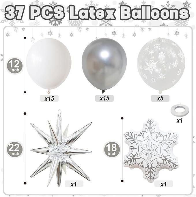 White Silver Snowflake Foil Balloons Set for Christmas Winter Onederland Decorations