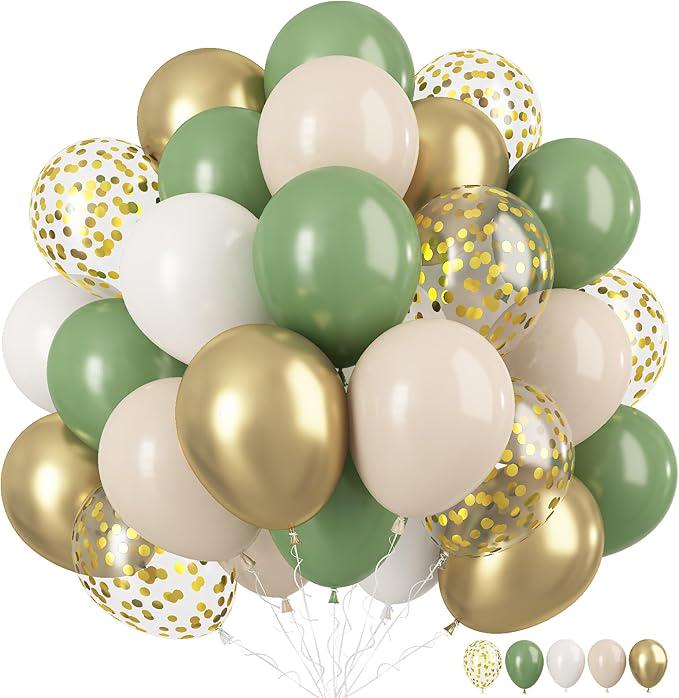12 Inch Sage Green White Gold Balloons with Confetti for Party and Wedding Decor