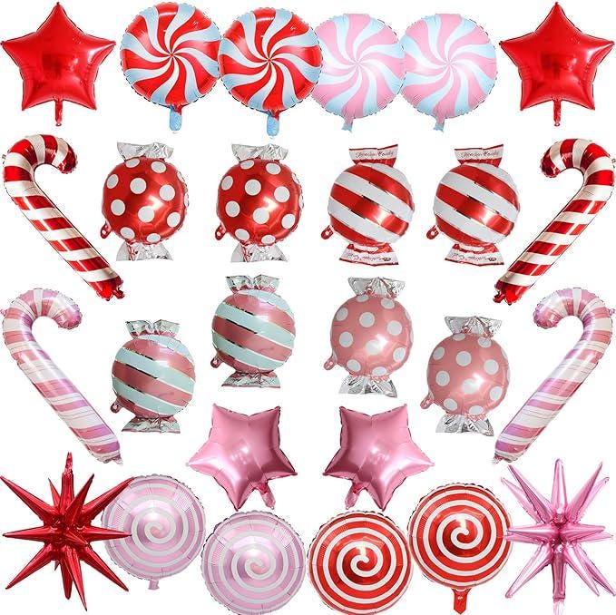 26PCS Pink Red Candy Foil Balloons Set for Christmas Candyland Party Decorations