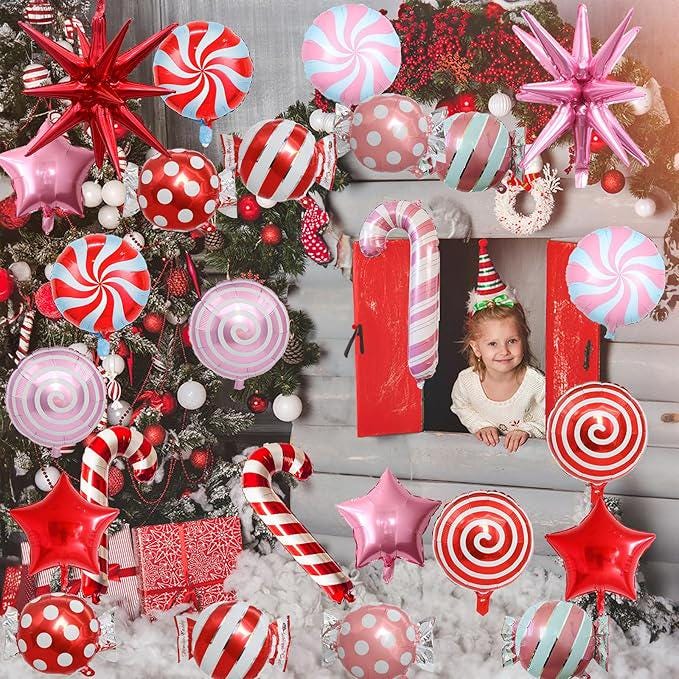 26PCS Pink Red Candy Foil Balloons Set for Christmas Candyland Party Decorations