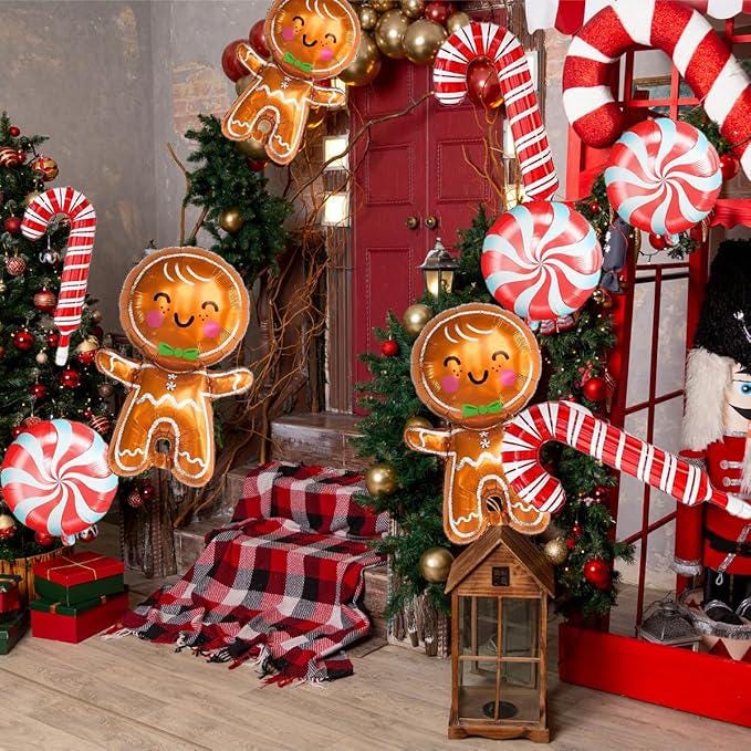 Gingerbread and Candy Cane Foil Balloons Set for Christmas and Holiday Party Decor