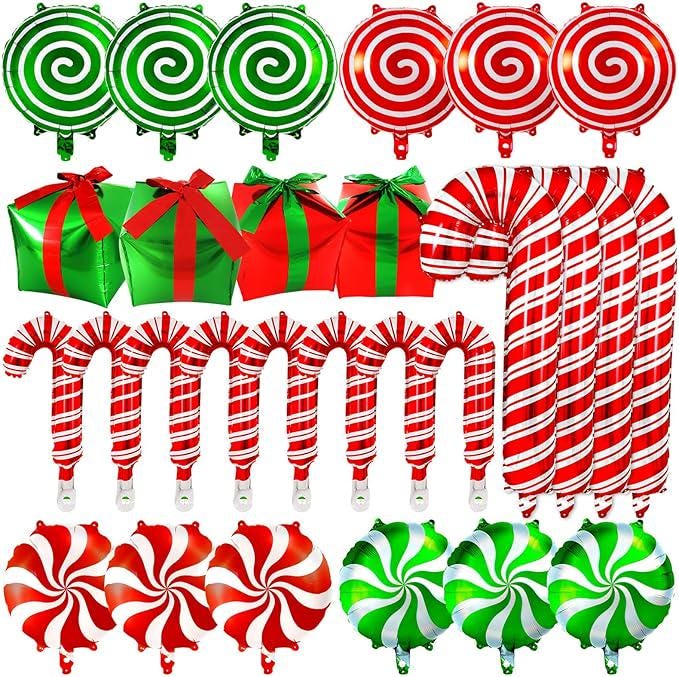 32PCS Candy Cane Swirl Foil Balloons Set for Christmas and Candy Theme Party Decor