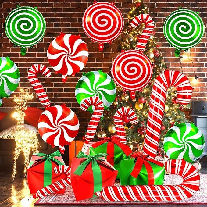 32PCS Candy Cane Swirl Foil Balloons Set for Christmas and Candy Theme Party Decor