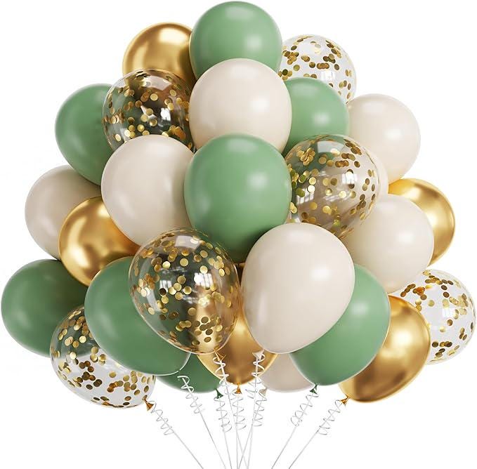 60pcs 12" Sage Green White Gold Confetti Balloons for Wedding, Baby Shower Decor