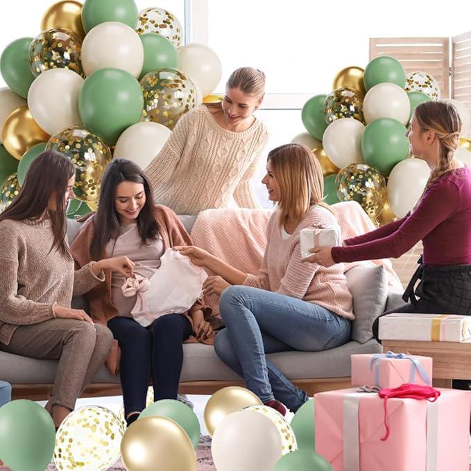 60pcs 12" Sage Green White Gold Confetti Balloons for Wedding, Baby Shower Decor