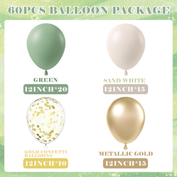 60pcs 12" Sage Green White Gold Confetti Balloons for Wedding, Baby Shower Decor