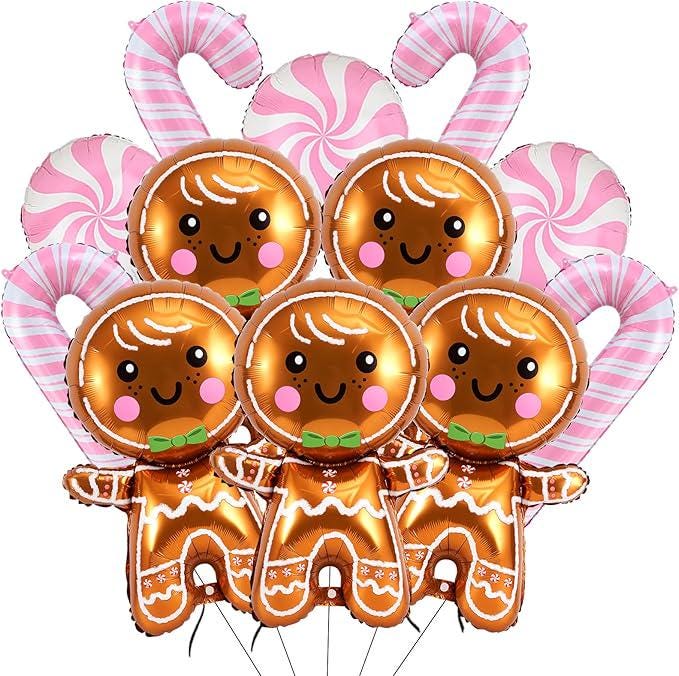 12PCS Gingerbread and Candy Cane Foil Balloons Set for Christmas Party Decorations