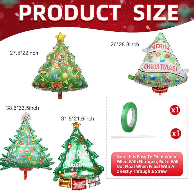 4PCS Christmas Tree Foil Balloons Set for Holiday Party and Xmas Decorations