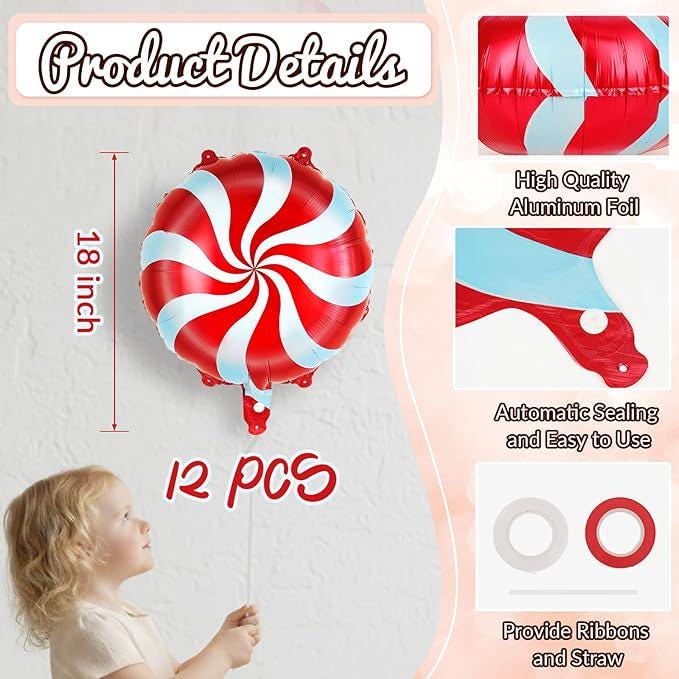 12PCS Red Candy Swirl Foil Balloons Set for Christmas and Candy Theme Party Decor