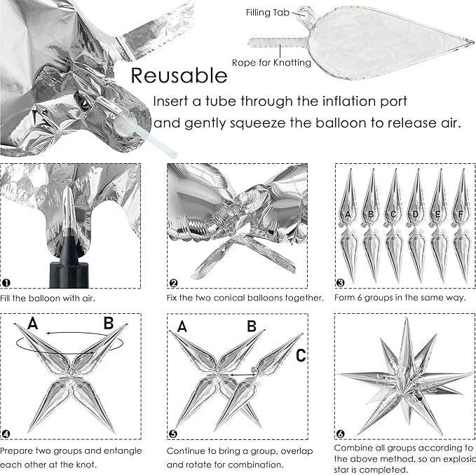 60PCS Silver Star Foil Balloons Set for Christmas New Year and Birthday Party Decorations